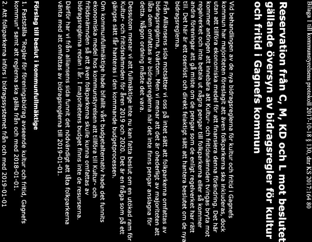 Bilaga 1 till kommunstyrelsens protokoll 2017-10-18 130, dnr KS12017:164/80 Reservation från C, M, KD och L mot beslutet gällande översyn av bidragsregler för kultur och fritid i Gagnefs kommun Vid