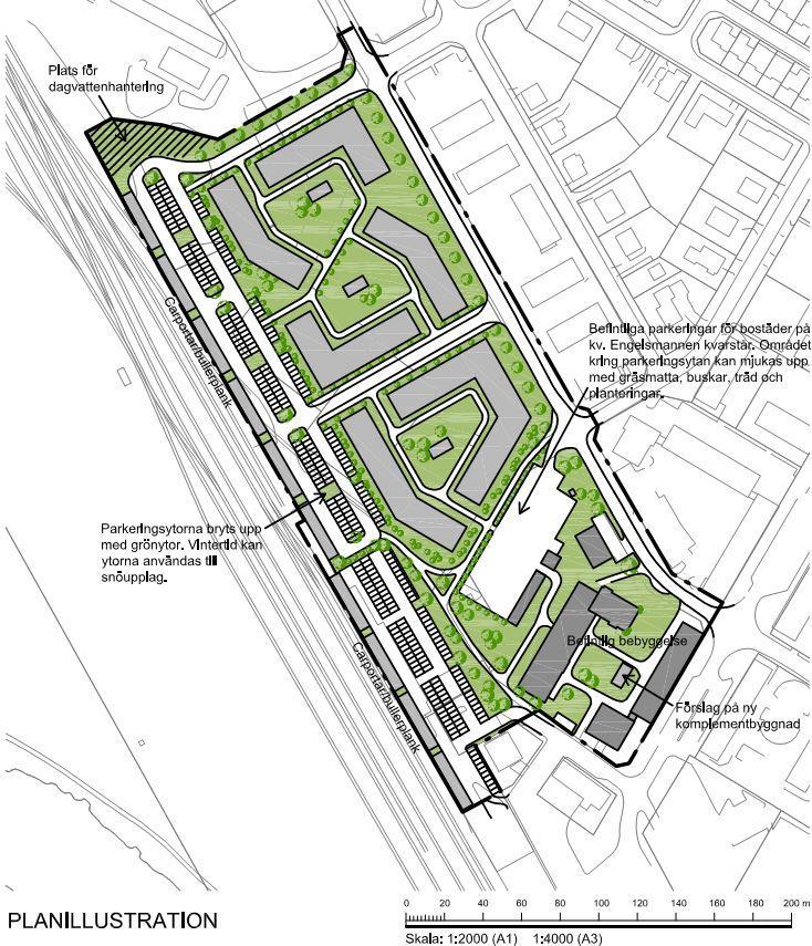 Byggnaderna varierar mellan 2 och 4 våningar i området. Figur 2. Planillustration för området (Illustration: Petra Widetun, MAF Arkitektkontor AB, juni 2017)) 1.