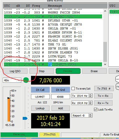 Detta loggas direkt från programvaran till databasen. Då man kör JT65/9 behövs inte detta på samma sätt.