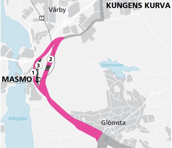 16(43) 4.1.2 Glömsta Krossen (förbi Masmo) I höjd med Gamla Stockholmsvägen korsar spårvägen Glömstavägen på sin väg mot Masmo.