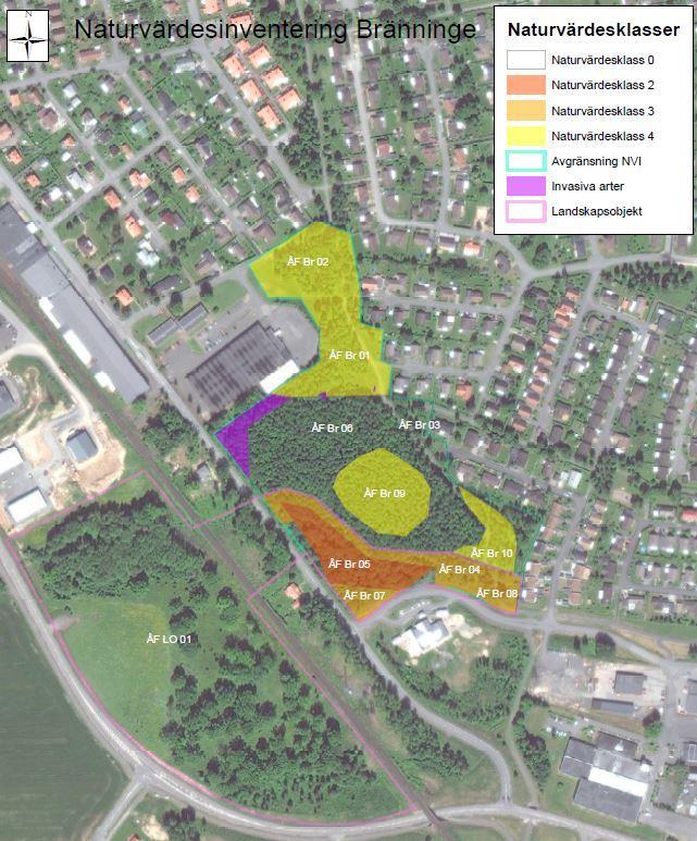 Naturvärdesobjekt och landskapsobjekt. Kartan återfinns i ett större format i bilaga 1.