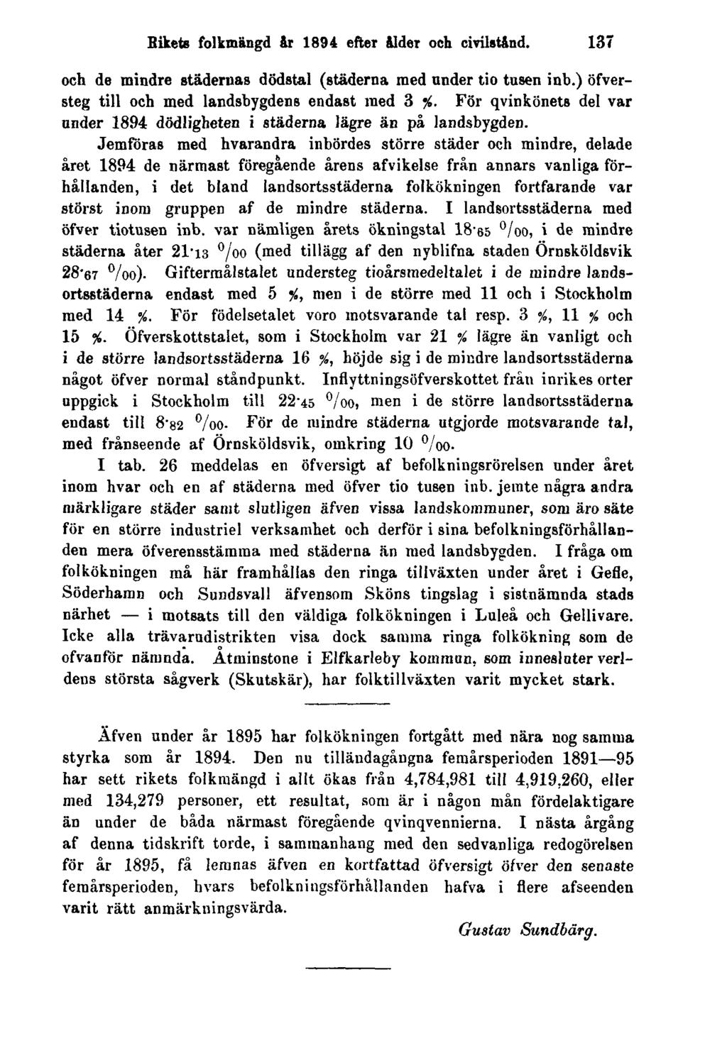 Rikets folkmängd år 1894 efter ålder och civilstånd. 137 och de mindre städernas dödstal (städerna med under tio tusen inb.) öfversteg till och med landsbygdens endast med 3 %.