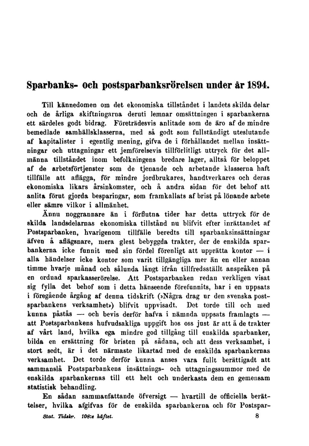 Sparbanks- och postsparbanksrörelsen under år 1894.