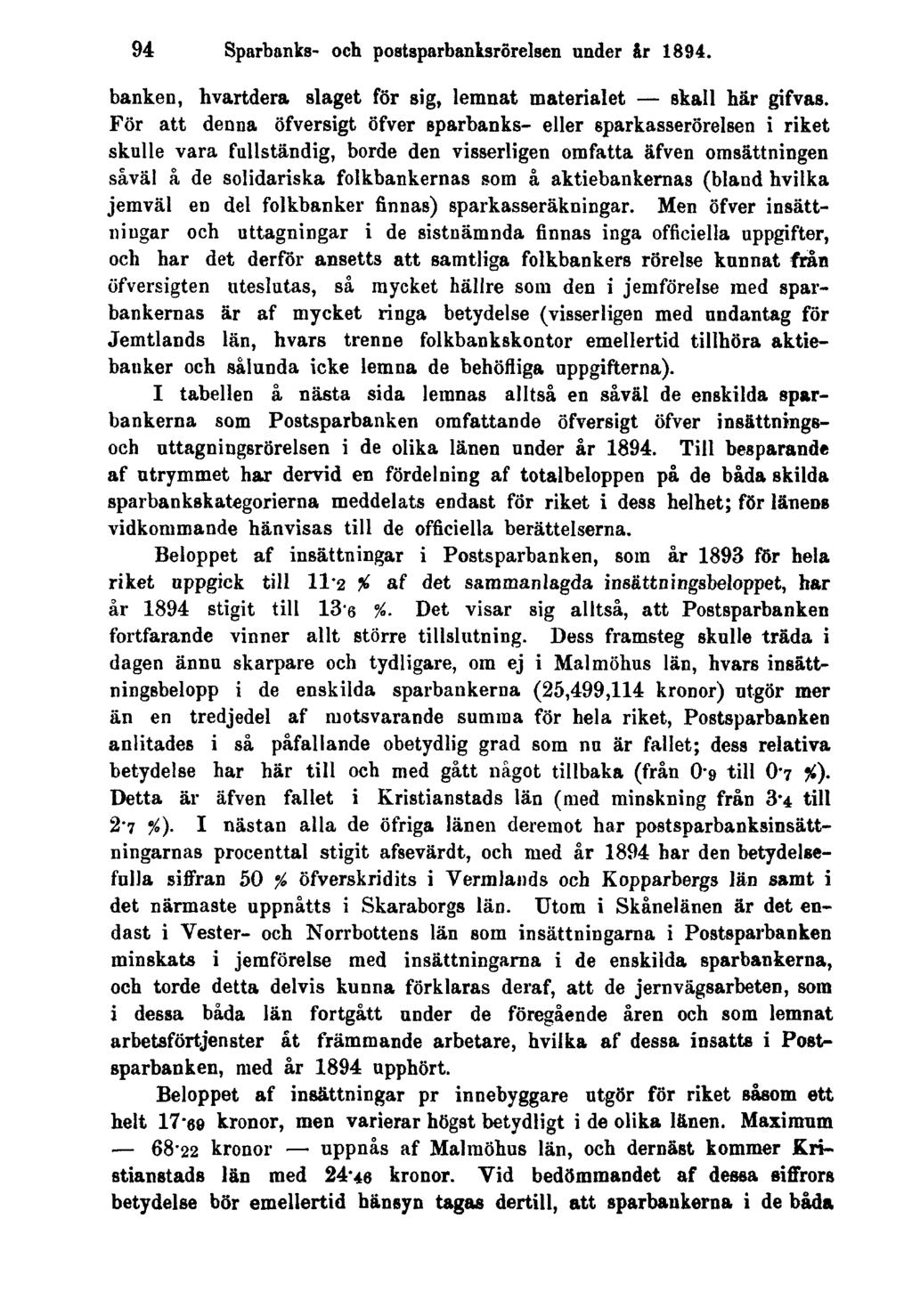 94 Sparbanks- och postsparbanksrörelsen under år 1894. banken, hvartdera slaget för sig, lemnat materialet skall här gifvas.