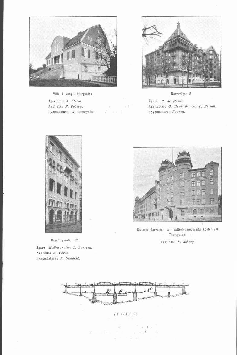 VIla ä Kungl. Djurgården Narvavagen 8 ighriilnn: A. St! dm. Agare: R. Belrgtssuii. Arkitekt: I". BoLerg. Arkitekter: G. HagslvDm ooli i? Ekmal&. i3jg'ni:istnrc:,\'. Crni,qriat.