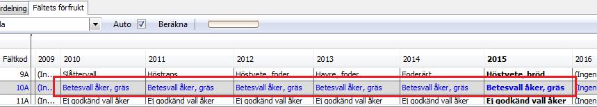 När det gäller vall som legat mer än 5 år skall du själv sätta markering i kolumnen för dessa fält om du kommer att ha samma eller någon av nedanstående grödkoder även detta år.