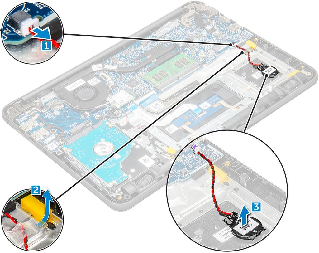 b c kåpan batteriet 3 Ta bort knappcellsbatteriet: a Koppla loss batterikabeln från kontakten på moderkortet [1]. b Lyft upp de plastskydd som håller fast kabeln vid systemet och lossa kabeln [2].