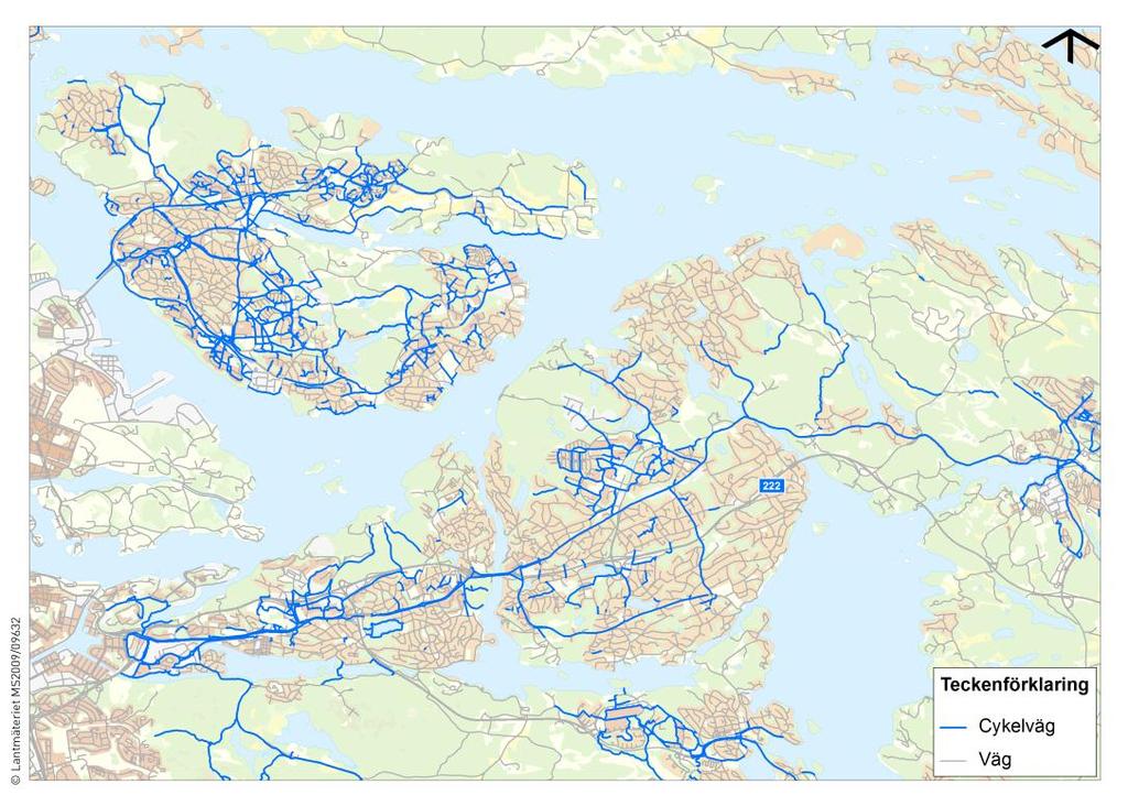 Figur 26 Illustrerar cykel- och bilvägar i utredningsområdet. Källa: Trafikverket NVDB. Cykelvägar i Stockholms kommun redovisas inte i bilden med anledning av att underlag saknas. 4.