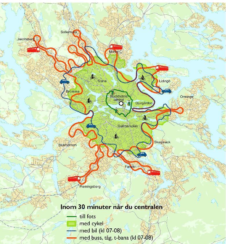 Figur 27: Tillgänglighet till centrala Stockholm med olika trafikslag.