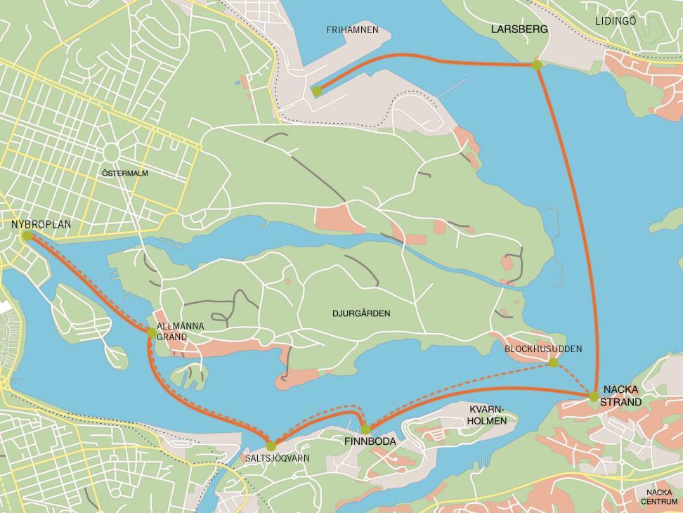 Figur 40 sträckning för pilotprojektet SjöVägen. Pilotprojekt SjöVägen har trafikerats med 12-16 turer på vardagar och sex till åtta turer på helger under åren 2010-2013.