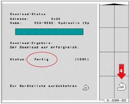 Nedladdning för hydraulikdatorn slutförd Under pågående nedladdning visas ett varningsmeddelande Hydraulics computer failed, detta meddelande kan ignoreras och är inget riktigt fel.