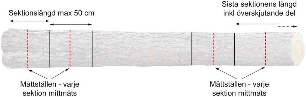 Volymavvikelse vid sektioner om 50 cm mot 10 cm Topprotmätning för sågbara sortiment av tall och gran Figur 8. Måttställen för diameter vid sektionsmätning (SDC 2016).