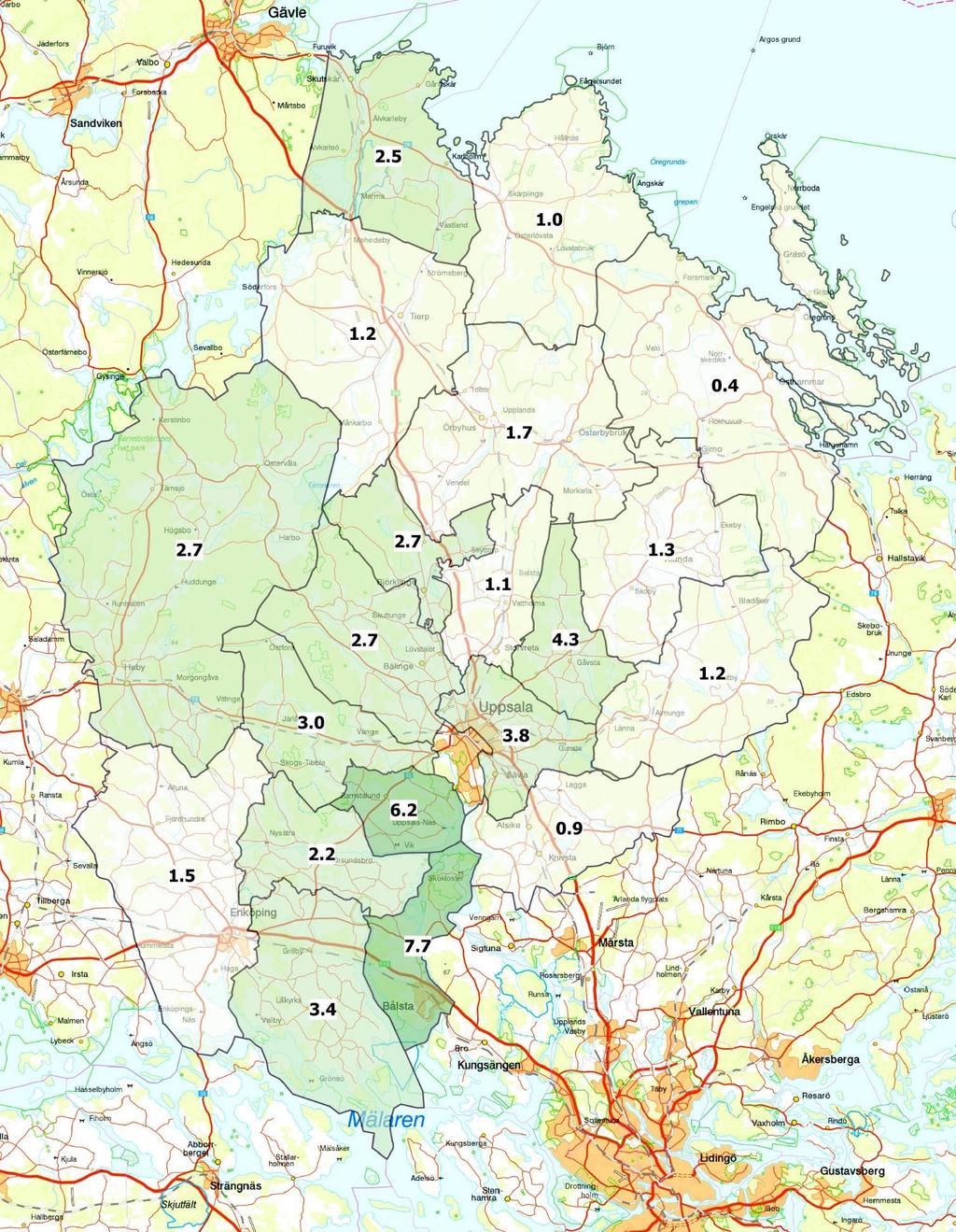 Avskjutning av rödräv per 1000 ha 2017/ 2018