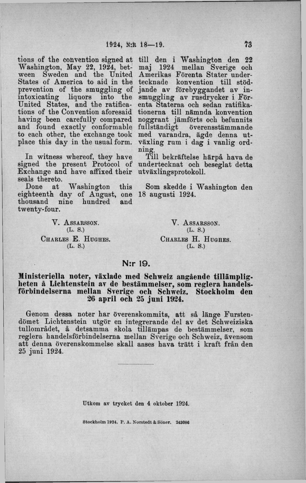 tions of the convention signed at till den i W ashington den 22 W ashington, May 22, 1924, bet- maj 1924 mellan Sverige och ween Sweden and the United Amerikas Förenta S tater undertecknade