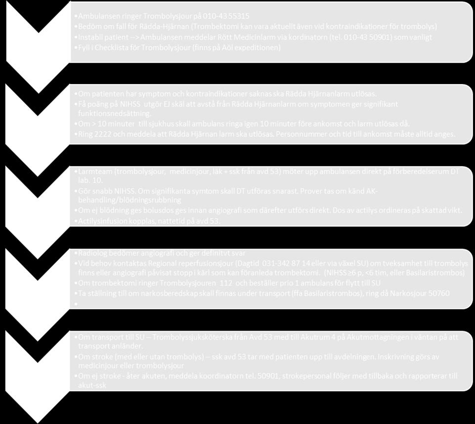 Rädda hjärnan handlingsplan, bilaga 2 FÖRENKLAD ARBETSBESKR IVNING T ROMBOLYSJOUR TELFONNUMMER TROMBOLYSJOUR 010-43 55315 REGIONAL REPERFUSIONSJOUR Dagtid 031-342 87 14 eller via växel SU KOORDINATOR