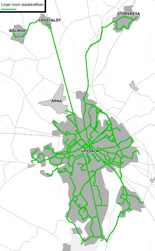 Kollektivtrafikens effektivitet Figur 7 Stadstrafiken i Uppsala stad med omnejd, tidtabellperioden vinter 2013/2014 I stadstrafiken finns det 23 linjer och i tågtrafiken 4 linjer.