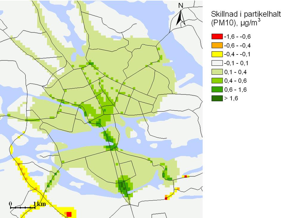 Exempel på studier Modellberäkning av effekten av trängselskatt på PM10-halterna (bygger på 15% mindre trafik i