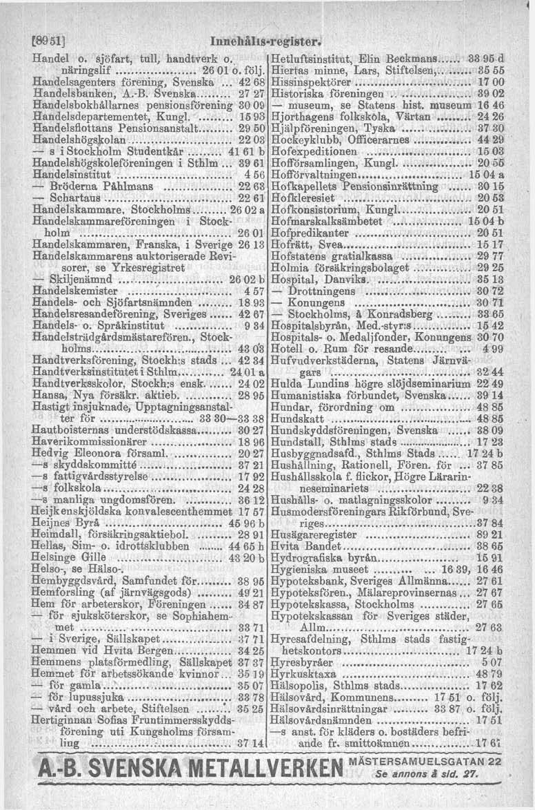 c89 511 InnehBI~sregister Hetluftsinstitut Elin Beckhians Handel o sjöfart tull handtverk o 33 95 d näringslif 26 01 o följ Hiertas minne Lars Stiftelsen 35 55 Handelsagenters förening Svenska 42 68