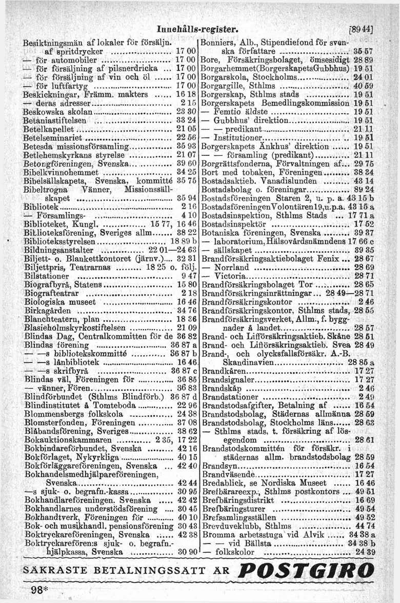 e 1nnehållsregister i89 441 Besiktningsmän af lokaler för försäljn Bonniers Alb Stipendiefond förlsvenaf spritdrycker 1700 ska författare 35 57 för automobiler 1700 för försäljning af pilsnerdricka