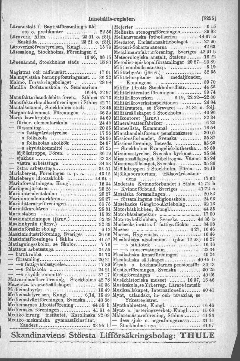 Innehälls-reglster, [8255j Läroanstalt f. Baptistförsamling:s. äld- Mejerier......... 615 ste o. predikanter 2256 Melinska stenografföreningen 3983 Läroverk. AlIm : 2301 o. följ.