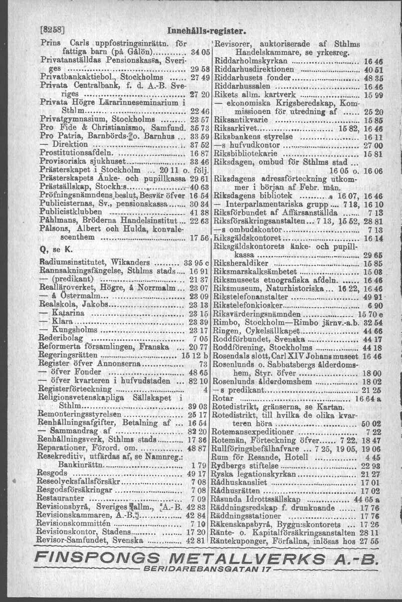 1570 [8258J InnehAJls.register. Prins Oarls uppfostringsinrättn. för.i Revisorer, auktoriserade af Sthlms fattiga. barn (på GåIön).. ;........ 34 05 Handelskammare, se yrkesreg.