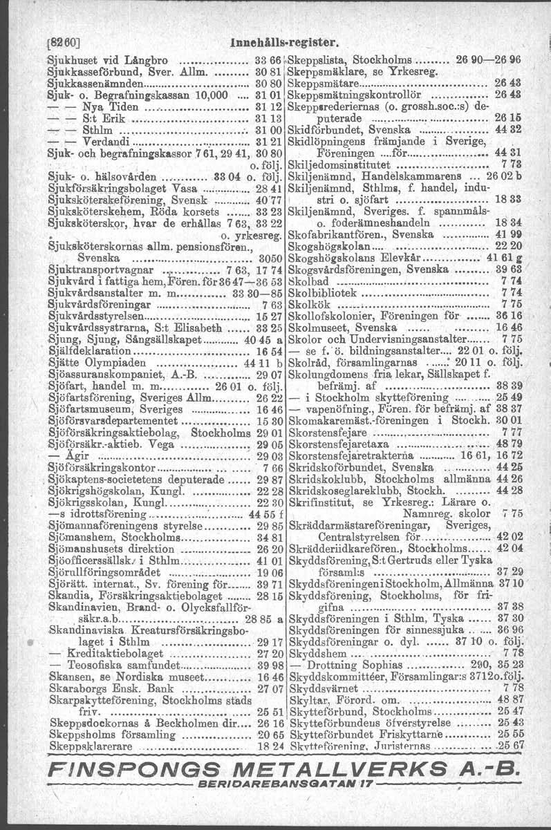 {8260J Innehålls-register. Sjukhuset vid Långbro 33 66:-Skeppslista, Stockholms 26 \}0-26 96 Sjukkasseförbund, Sver.