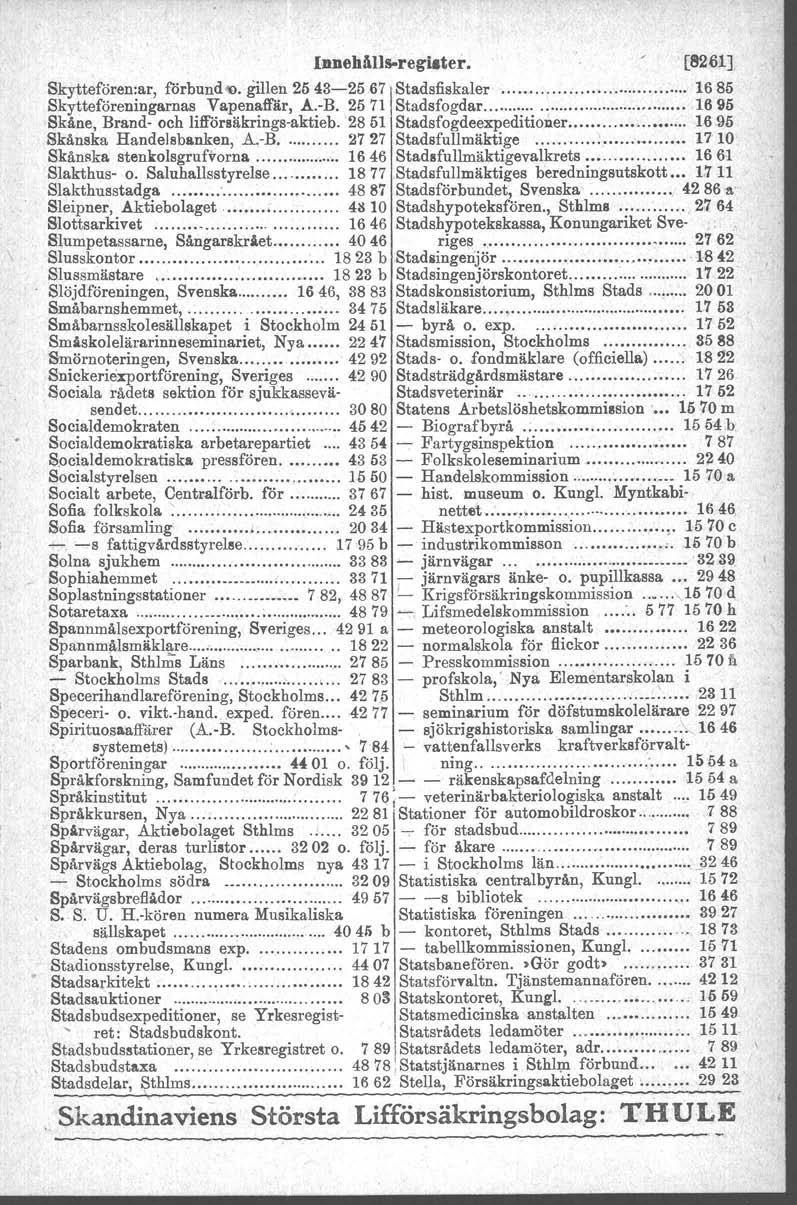 IDDehålls-regiater. [8261] Skyttefören:ar, förbund-o, gillen 2543-2567 Stadsfiskaler 1685 Skytteföreningarnas V~penaffår, A..-B. 2571 Stadsfogdar 1695 Skåne, Brand- och lifförsäkrings-aktieb.