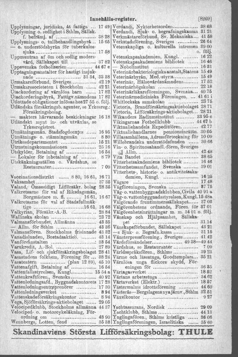 Innehllb.rea1lter. [8269] Upplysningar, juridiska" åt fattiga,'" 1749 Verdandi, Nykterhetsorden 3868 Upplysning o. sedlighet i Sthlm, Sällsk. Verdandi, Sjuk- o. begrafningskassan 31 21 f. befrämj.