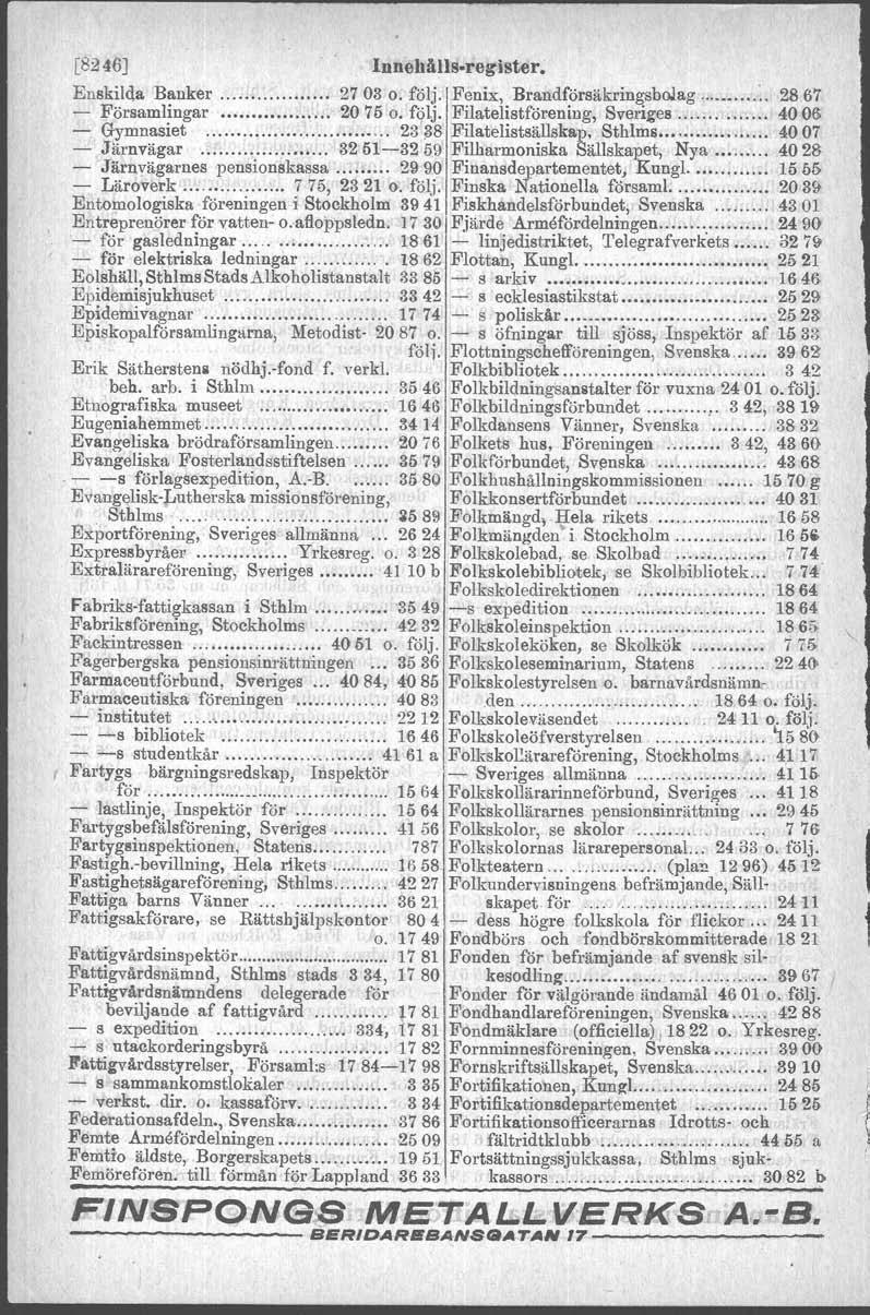 [8246] Innehålls-register ~ Enskilda Banker 2703 o. följ. Fenix, Brendföreäkringsbolag 2867 - Församlingar 2075 o. följ. Filatelistförening, Sveriges 4006 - G:!mn~siet 2~;l8 F~latelists~llsk&P:.