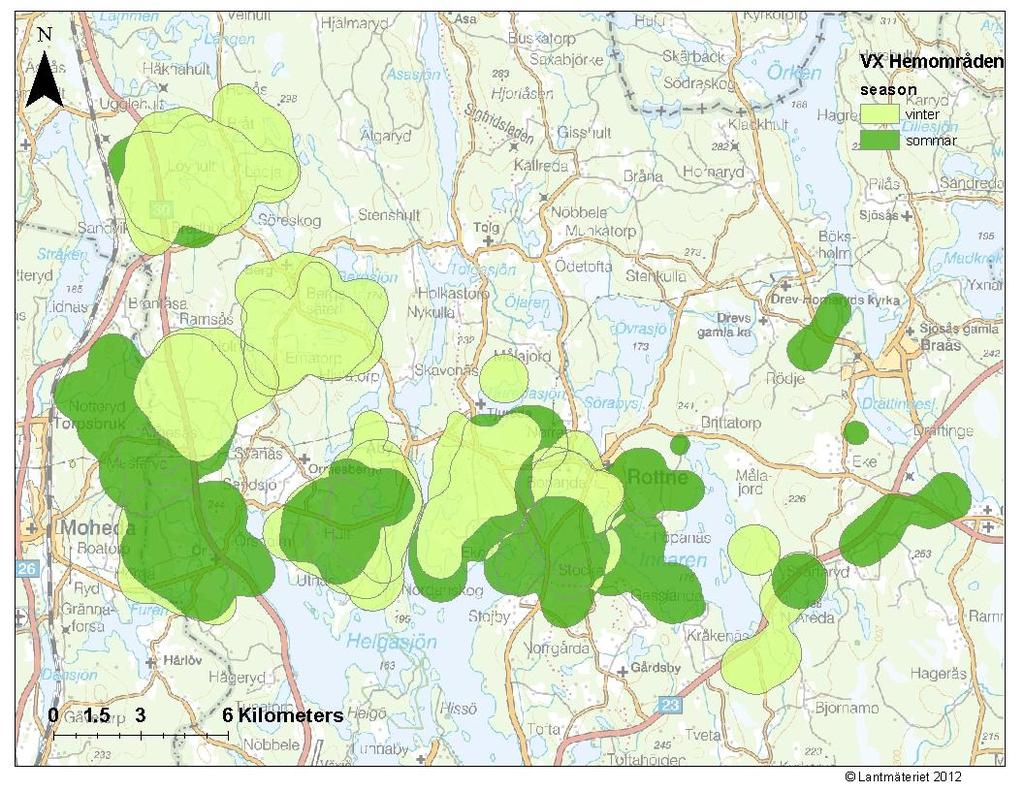 Vinter- och sommar områden En viktig del av forskningen är att ta fram grundläggande data om älgarnas hemområden och vad de utnyttjar i hemområdena.