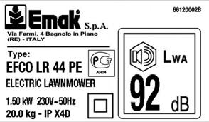 10 - Serienummer 11 - EG-conformiteitsmerk 12 - Bouwjaar S 5 - Maskintyp: ELEKTRISK GRÄSKLIPPARE 6 - Anordning med dubbel isolering 7 - Märke och maskinmodell 8 - Tekniska data 9 - Garantirana razina