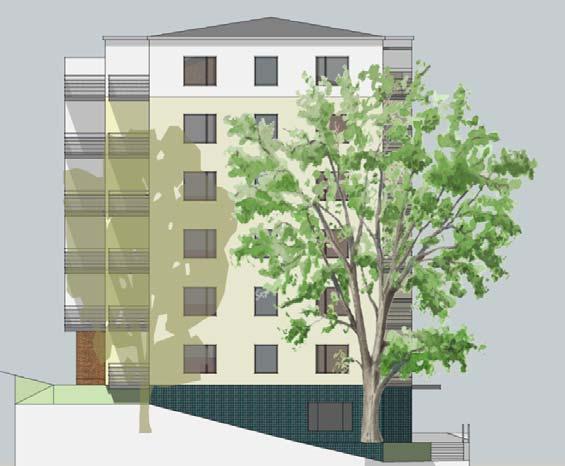 Planbeskrivning flerbostadshus vid Ektorpsrondellen 10 (19) Föreslaget flerbostadshus sett från söder (Berlin Arkitekter). Mark och växtlighet Jätteeken ska sparas.