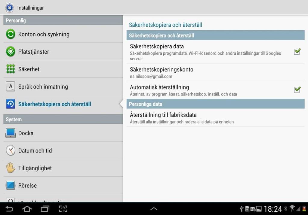 Säkerhetskopiering. Under Inställningar finns rubriken Säkerhetskopiera och återställ.
