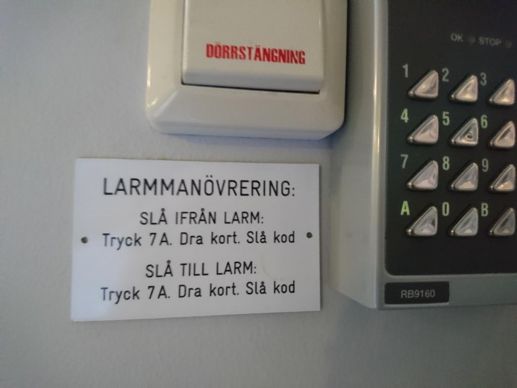 Deactivate alarm: Press 7A. Slide your key card. Enter your personal code.