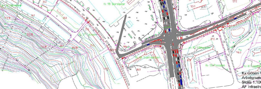 I detta fall tilllåts trafik norrifrån att svänga vänster in mot Torpavallsgatan från både mitten och vänster körfält. Färd rakt fram tillåts fortfarande från höger och mitten.