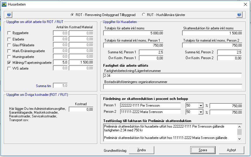 6. Här skall du ange om fakturan avser ROT Renovering Ombyggnad Tillbyggnad eller RUThushållsnära tjänster. Personuppgifterna hämtas automatiskt från kundkortet.
