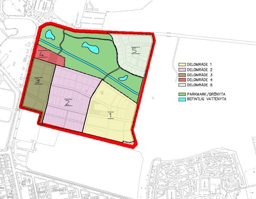 Sida 9(23) 5.1 Avrinningsområden Planområdet delas in i fem delområden. Områden visas i figur 4.