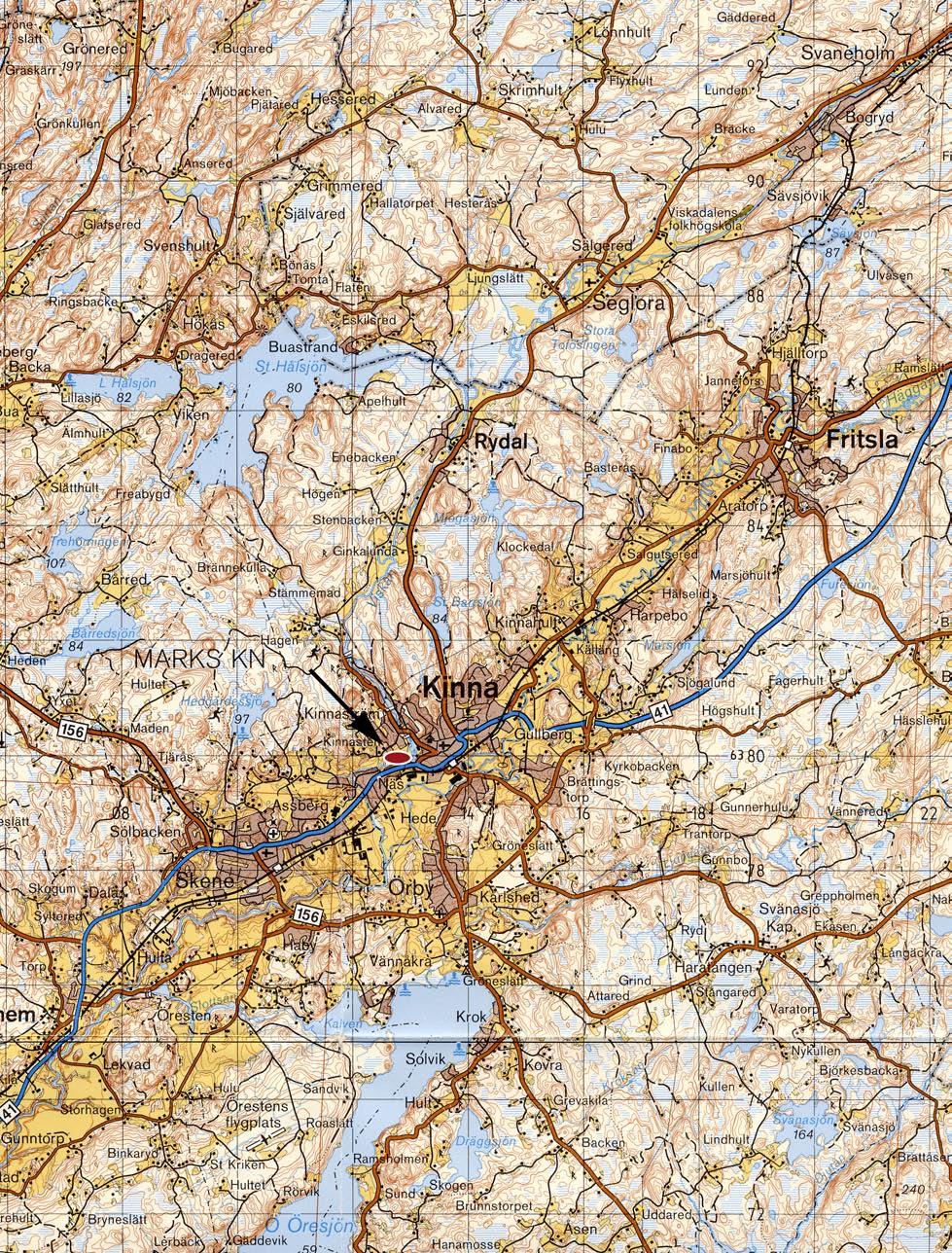 Fig. 2. Utsnitt ur Blå kartan, blad 62 Svenljunga, med platsen för undersökningen markerad. Skala 1:100 000.