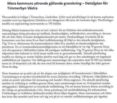 10(11) Granskningsyttrande 2017-10-06 MORA KOMMUN Kommentar Det noteras att