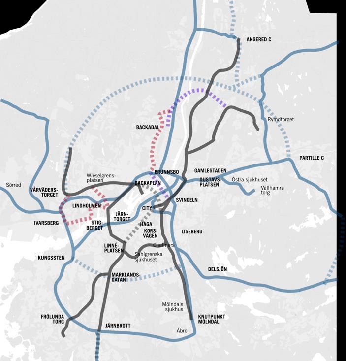 2050 möjlig utveckling Metrobuss: Nordlig Mellanstadsring Bergsjön-Angered-Surte Partille-Mölnlycke/Landvetter Stadsbana: Planskilt genom centrum