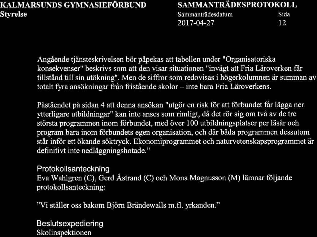 KALMARSUNDS GYMNASIEFORBUND Sfyrelse SAMMANTRÄDESPROTOKOLL 2017-04-27 12 Angående tjänsteskrivelsen bör påpekas att tabellen under "Organisatoriska konsekvenser" beskrivs som att den visar