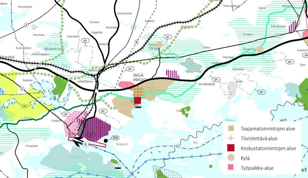 12 (17) 28.9.2016 Ingå kommuns kollektivtrafikstrategi tätortsverksamheter och området som ska förtätas placerats kring Ingå centrum. Arbetsplatsområden har anvisats norr om stamväg 51.