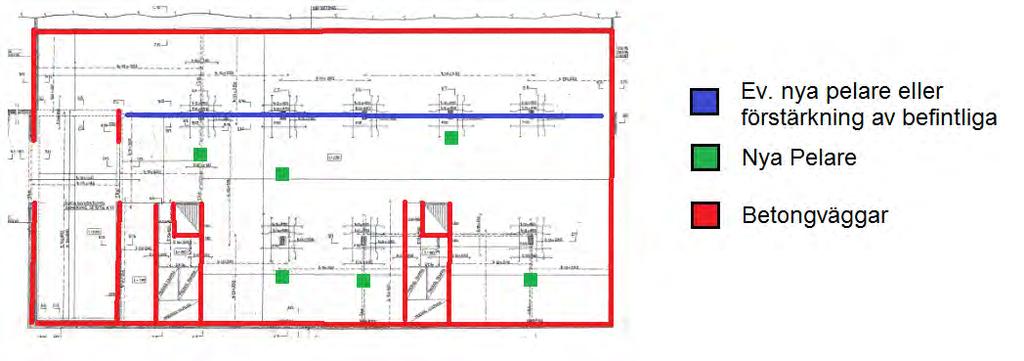15 (15) I övergången mellan plan 2 och 3 (och 1 och 2) övergår vissa väggar till balk/pelare.