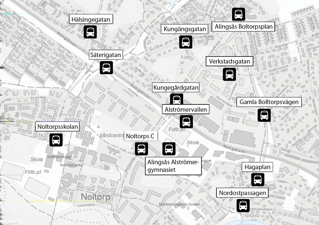 10 TRAFIKUTREDNING NOLTORPSSKOLAN, ALINGSÅS Kollektivtrafik inom området erbjuds i form av både lokal- och regional busstrafik.