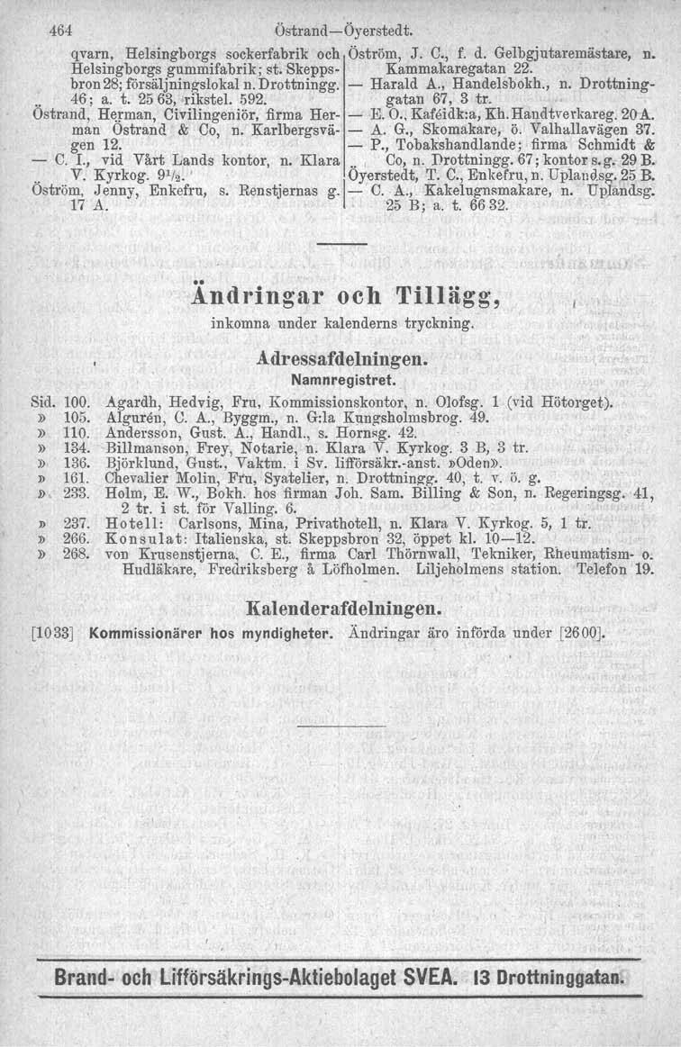 464 ÖstrandÖyerstedt. qvarn, Helsingborgs sockerfabrik och Öström, J. C., f. d. Gelbgjutaremästare, n. Helsingborgs gummifabrik; st. Skepps Kammakaregatan 22. bron 28; försäljningslokal n. Drottningg.