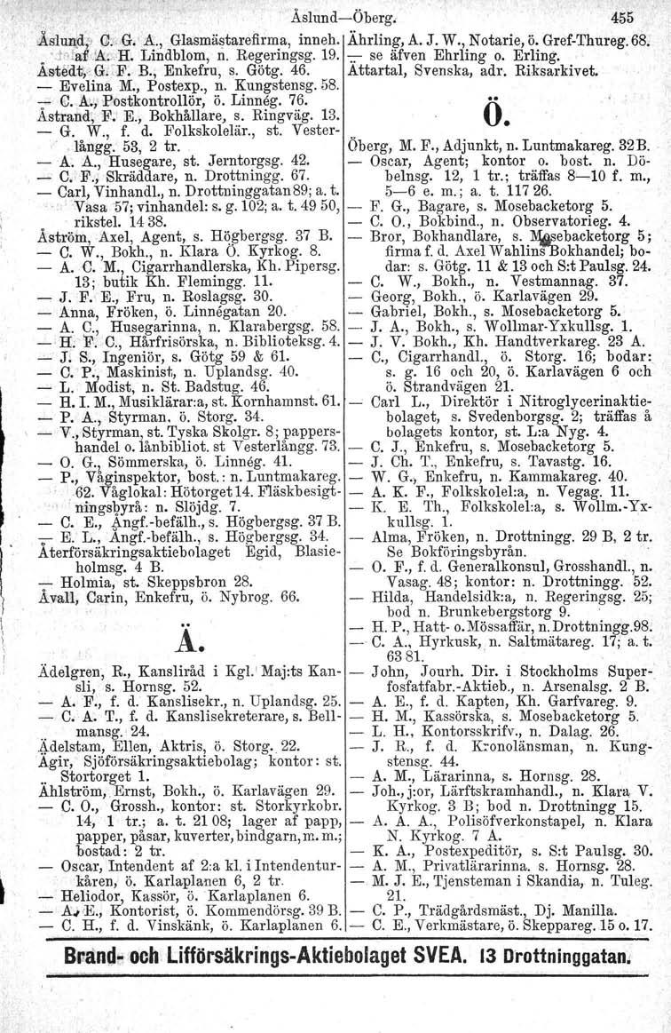 '. ÅslundiÖberg. 455 >Åslun;d;1GJ::; G.' A., Glasmästarefirma, inneh. Ährling, A. J. W., Notarie, ö. GrefThureg. 68,.hbd; '!tbh. Lindblom. n. Regeringsg. 19. ;; se äfven Ehrling o. Erling.