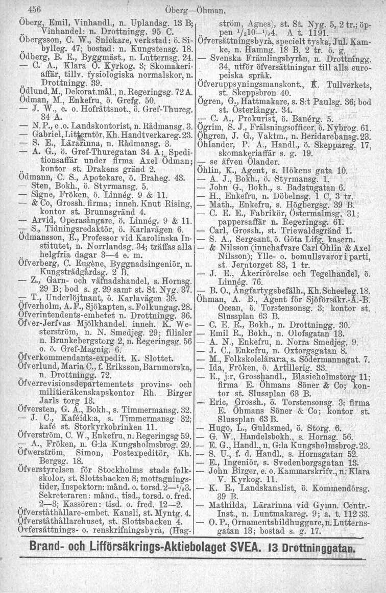 456 ÖbergÖhman. Öberg, Emil, Vinhandl., n. Uplandsg. 13 B; ström, Agnes), st. St. Nyg. 5, 2 tr'i öp.. Vinhandel: n. Drottningg. 95 C... pen 'MO1M. A t. 1191.. Obergsson, C. W., Snickare, verkstad: ö.