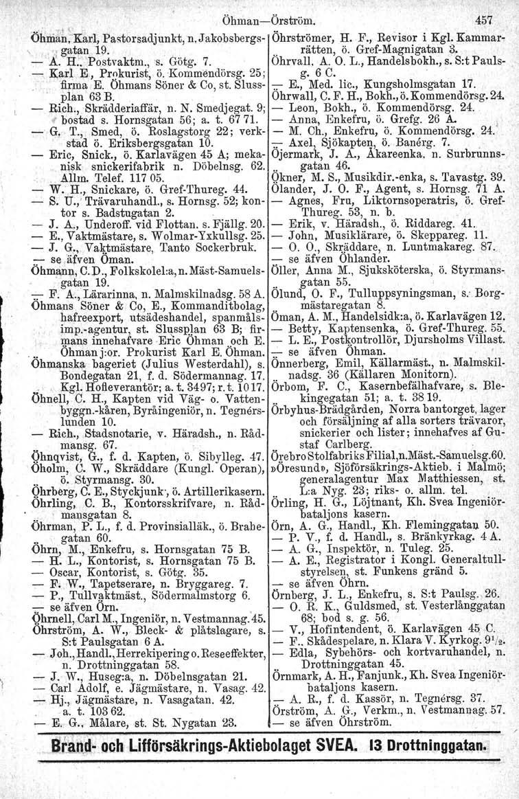 ÖhmanÖrström. 4~7 ee. ",t(,.._ Ohnian.Karl, Pastorsadjunkt.n.Jakobsbergs Ohrströmer, H. F., Revisor i Kgl, Kammar, ',' gatan 19., " rätten, Ö. GrefMagnigatan 3. A. H::"Postvaktm., 's. Götg. 7.