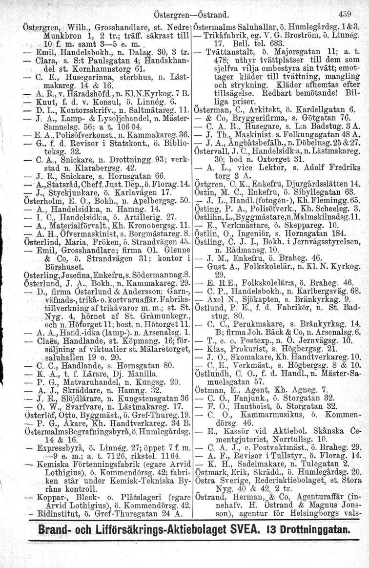 ÖstergrencÖstrand. 459 Öst~r@ren, Wilh., Grosshandlare, st. Nedre Östermalms Saluhallar, ö. Humlegårdsg. 1&3. Munkbron 1, 2 tr., träff. säkrast till Trikåfabrik, egov. G, Broström, ö. Linnog. ';,to f.