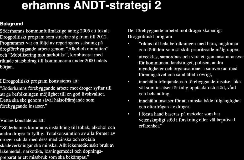 Söderhamns ANDT-strategi 2015 2019 Bakgrund Söderhamns kommunfullmäktige antog 2005 ett lokalt Drogpolitiskt program som sträckte sig fram till 2012.